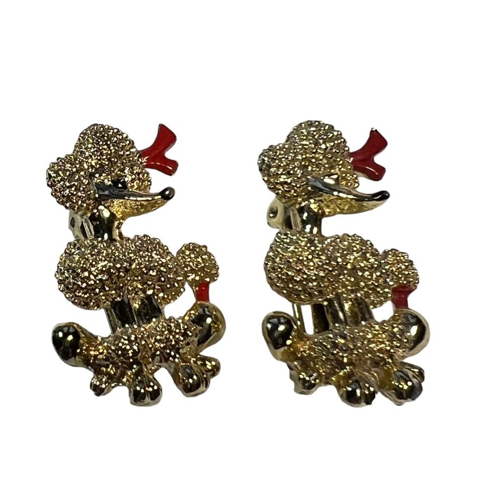 Vintage Poodle Dog Brooches Lot of Two‎ Gold Tone and Red Enamel Pin